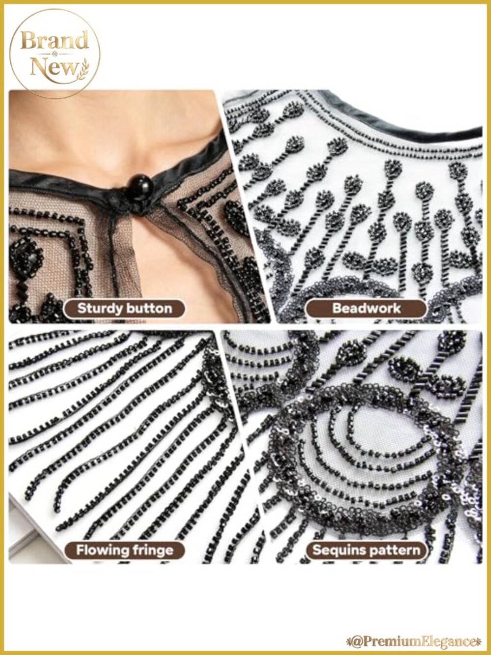 1920s Beaded Sequin Fringe Shawl Wrap Evening Cape for Gatsby Party Wedding - Picture 2 of 6